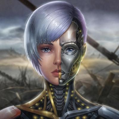 The primary subject of the image is a futuristic robot with a mix of human and mechanical features. The robot has a human-like face with a blend of mechanical and organic elements. The setting is a dark, cloudy sky, which adds to the overall mood of the image. The visual style is a combination of digital art and illustration, creating a unique and intriguing scene. The colors in the image are predominantly dark and muted, with some hints of light and contrast, which contribute to the overall